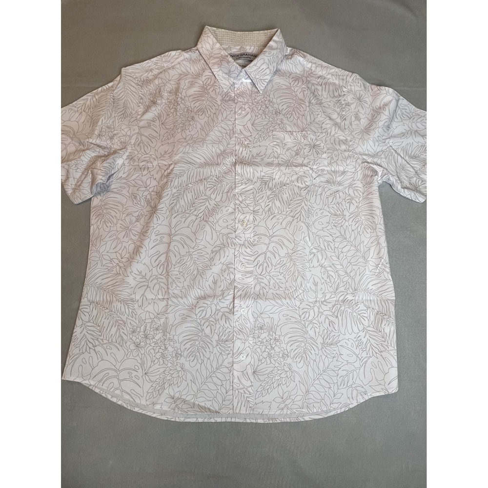 Nick Graham Everywhere Mens XL White Gray Tropical Floral Stretch Mod Fit Shirt